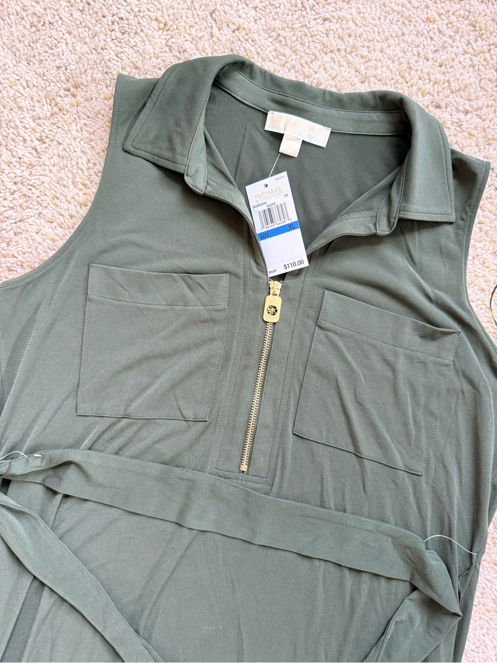 Michael Kors Olive Green Zip Polo Dress Midi Sleeveless Belted NWT Size XL